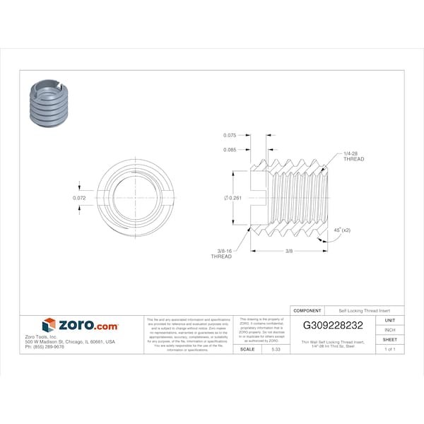 Thin Wall Self Locking Thread Insert, 1/4"-28 Int Thrd Sz, Steel, Ez-310-428