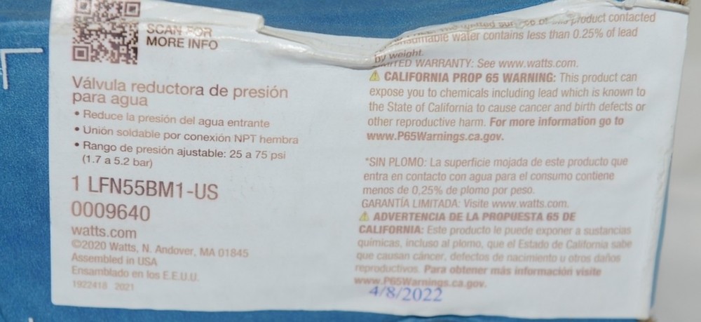 Watts LFN55BM1US Water Pressure Reducing Valve Lead Free 1 Inch