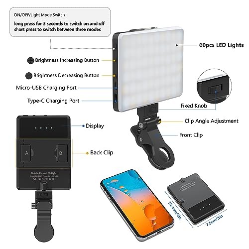 Selfie Light, Phone Light with Front & Back Clip, 60 LED Portable Light Black