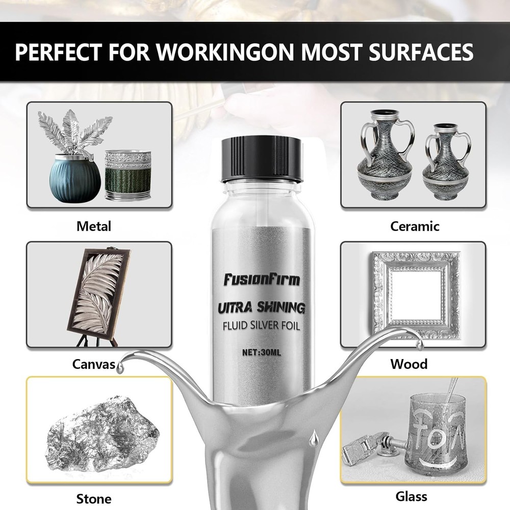Liquid Silver Leaf Paint Kit - Alcohol-Based Quick Dry Ultra Shiny Metallic