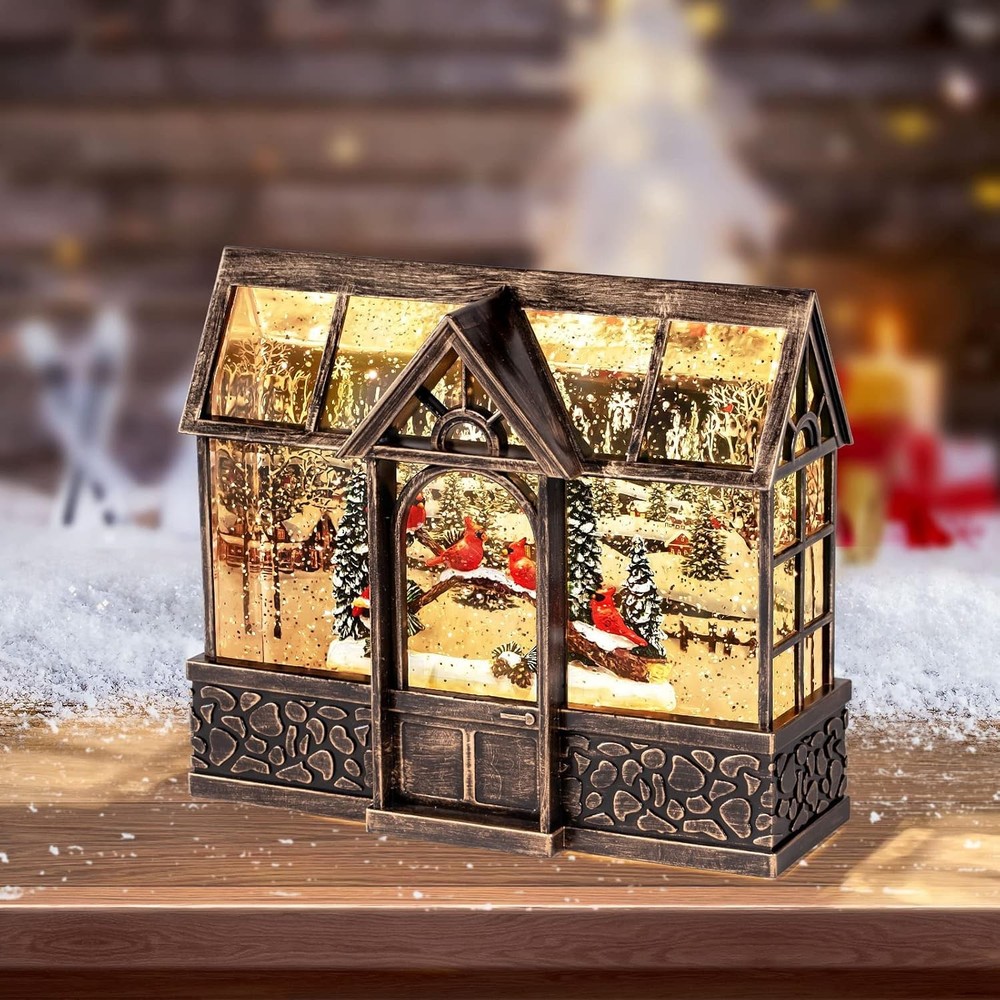 Christmas Cardinal Snow Globe Lantern with Music & Timer, USB/Battery