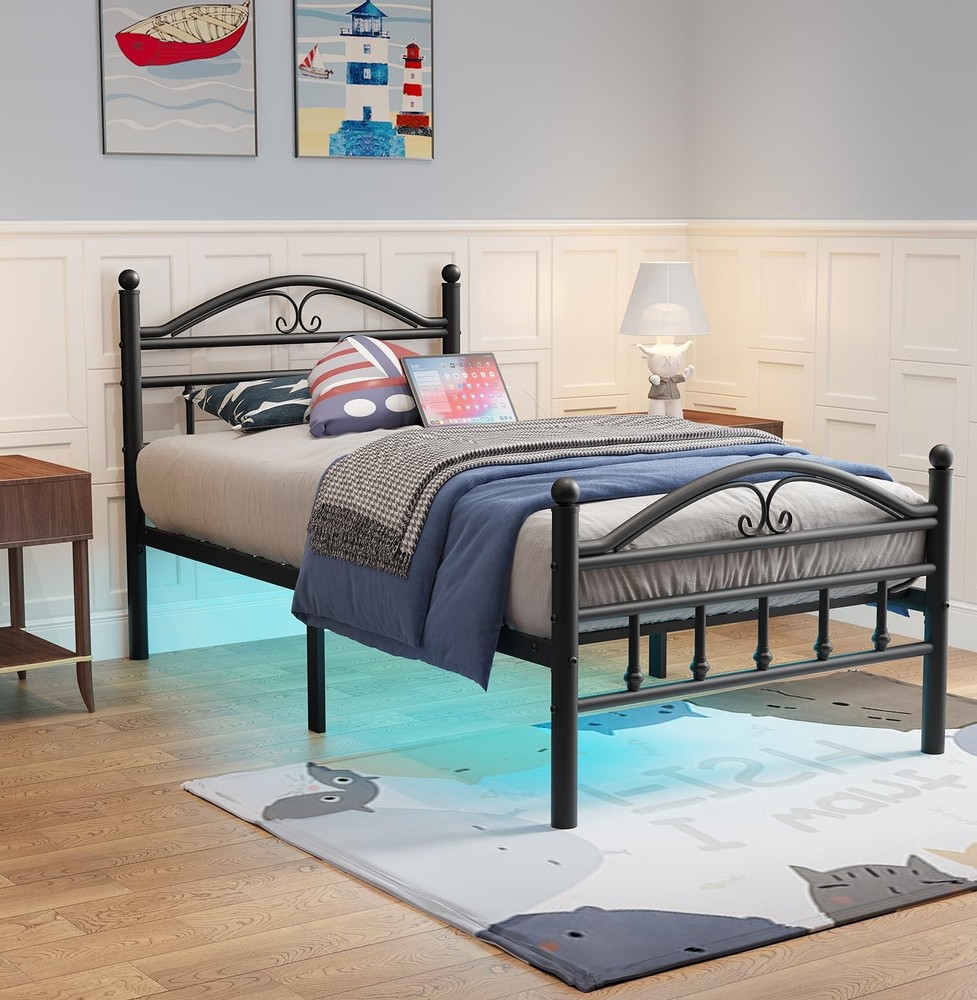 Twin Size Bed Frames with Charging Station,Black Metal Platform Bed Frame wit...