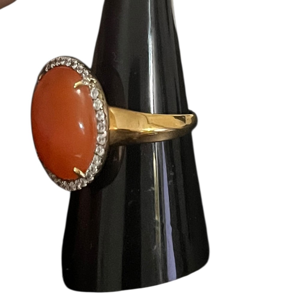 Himalayan Ring Orange Chalcedony White Zircon Gold Plated Sterling Silver Ring 7
