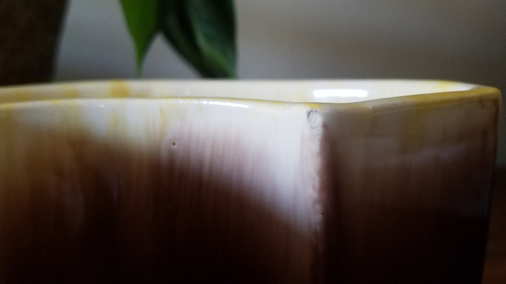 Mid Century Modern Two-Piece Brown & Yellow Ceramic Planter Half Rounds MCM