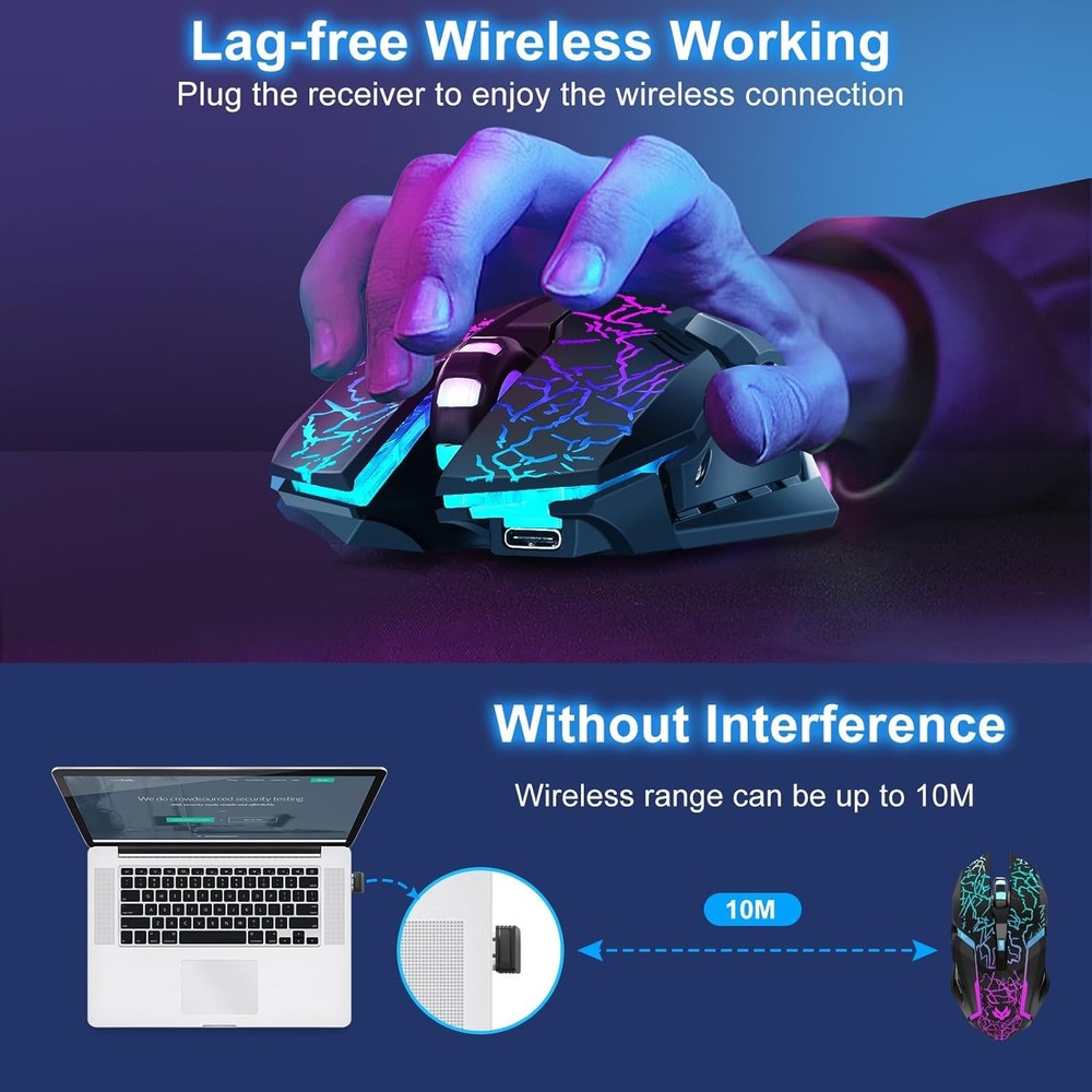 Wireless Gaming Mouse, Rechargeable Computer Mouse with Type-C Black