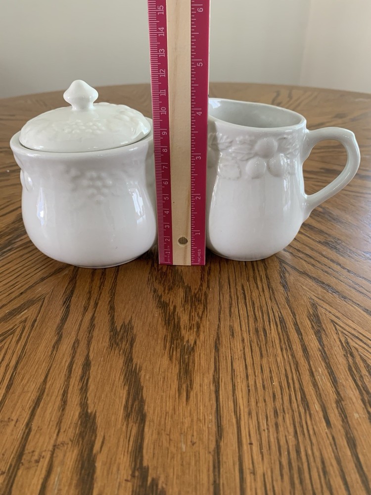 Gibson Cream & Sugar Set, White With Embossed Fruit Design, Ceramic, EUC