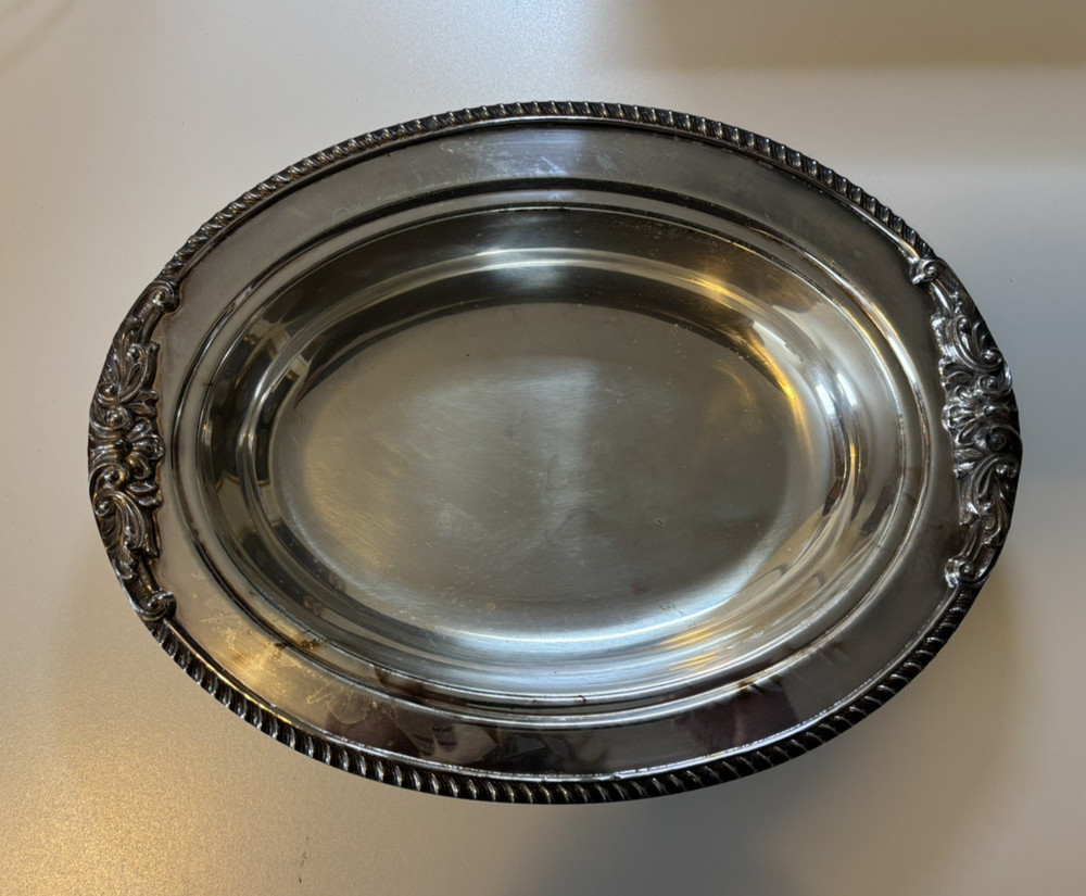 VTG Silver on Copper Serving Dish 12" Hallmarks Rope/Scroll Edge Heavy