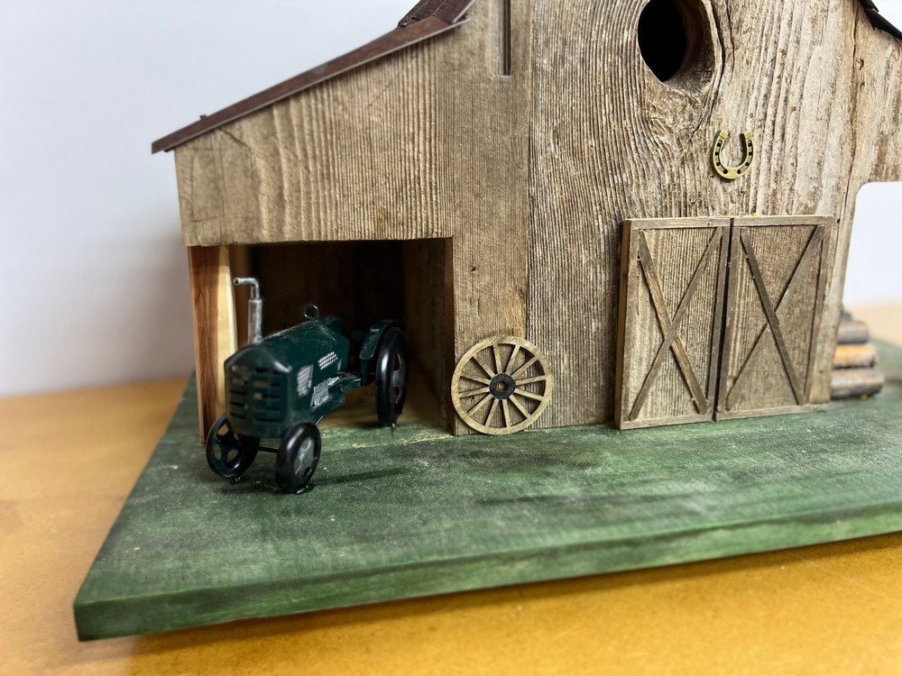 Handcrafted Rustic Barn Birdhouse with Tractor