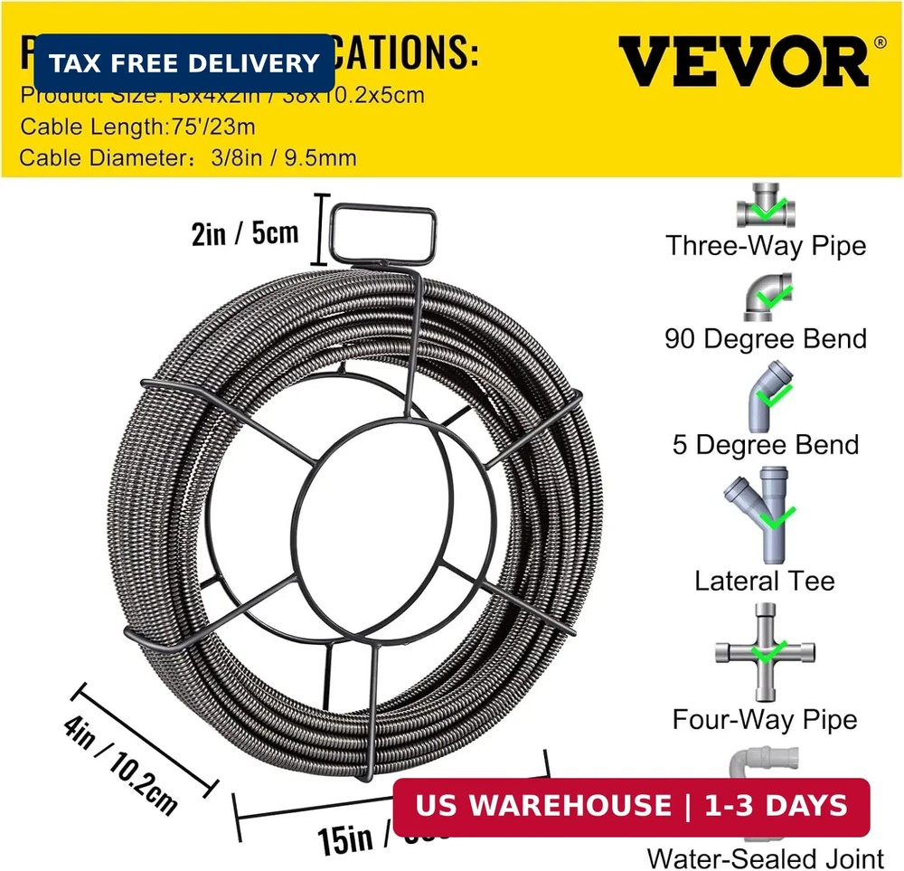VEVOR Drain Cleaning Cable 75ft x 3/8 inch Solid Core Cable Sewer Cable, Drain A