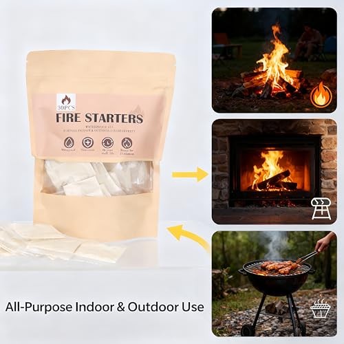 (30 Pcs/Bag) Waterproof Fire Starters for Campfires & Fireplace -Quick Light