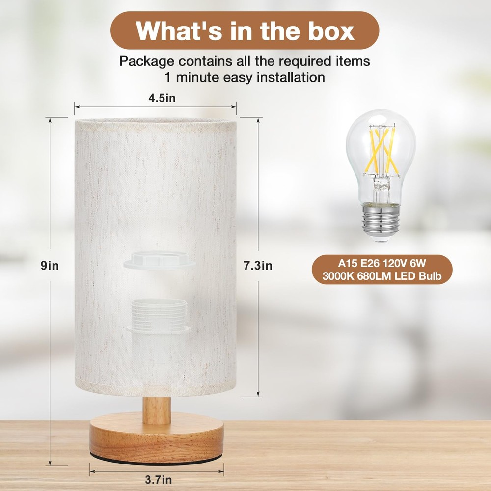 Small Table Lamp for Bedroom - Inline Control, Bedside Lamp with 3000K A15 LE...