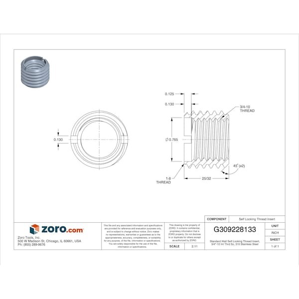 Standard Wall Self Locking Thread Insert, 3/4"-10 Int Thrd Sz, 316 Stainless
