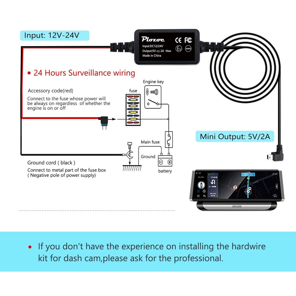 Dash Cam Hardwire Kit, Mini USB Hard Wire Kit Fuse for Dashcam, Plozoe black