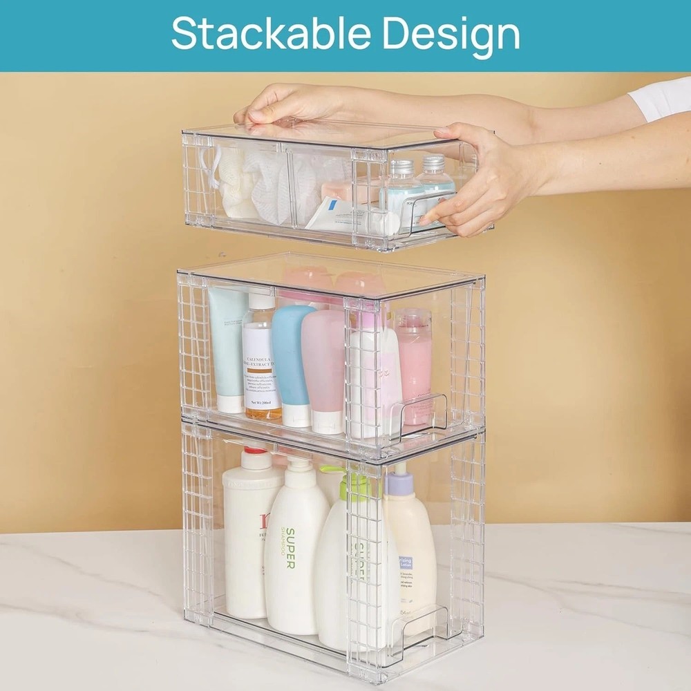 Vtopmart 3 Pack Clear Stackable Storage Drawers,Easy to Assemble Transparent