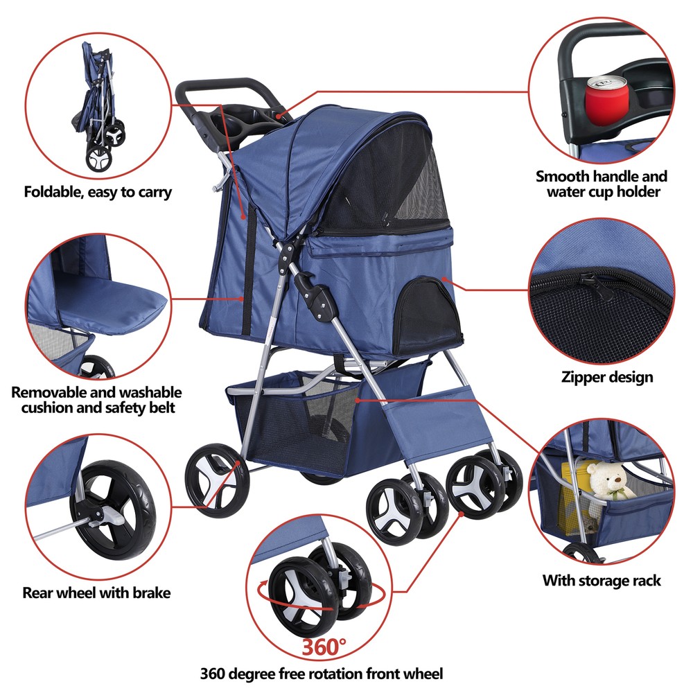 4-Wheels Folding Dog Stroller Pet Stroller for Medium Dogs Cat Stroller Blue