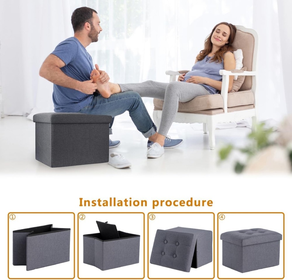 Elegant Grey Storage Ottoman Footrest Stool - Foldable & Versatile 17x13x13in
