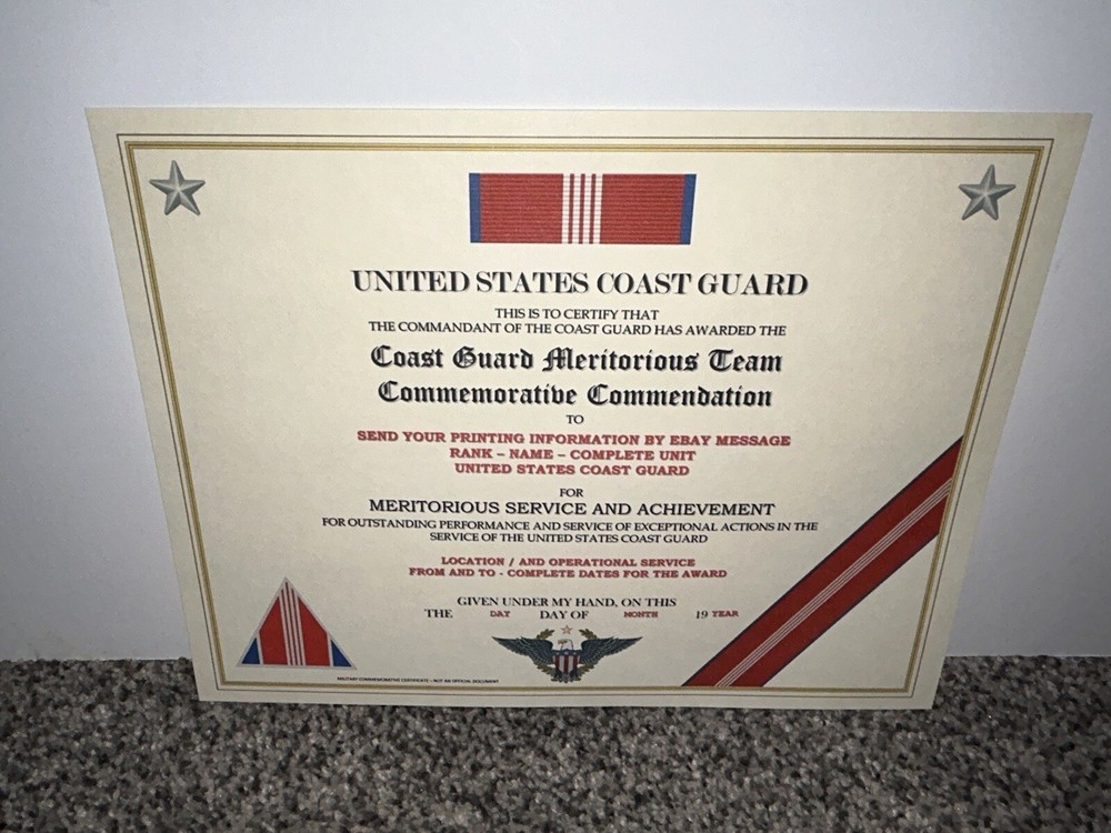 USCG MERITORIOUS TEAM COMMEMORATIVE COMMENDATION CERTIFICATE~W/PRINTING T-1