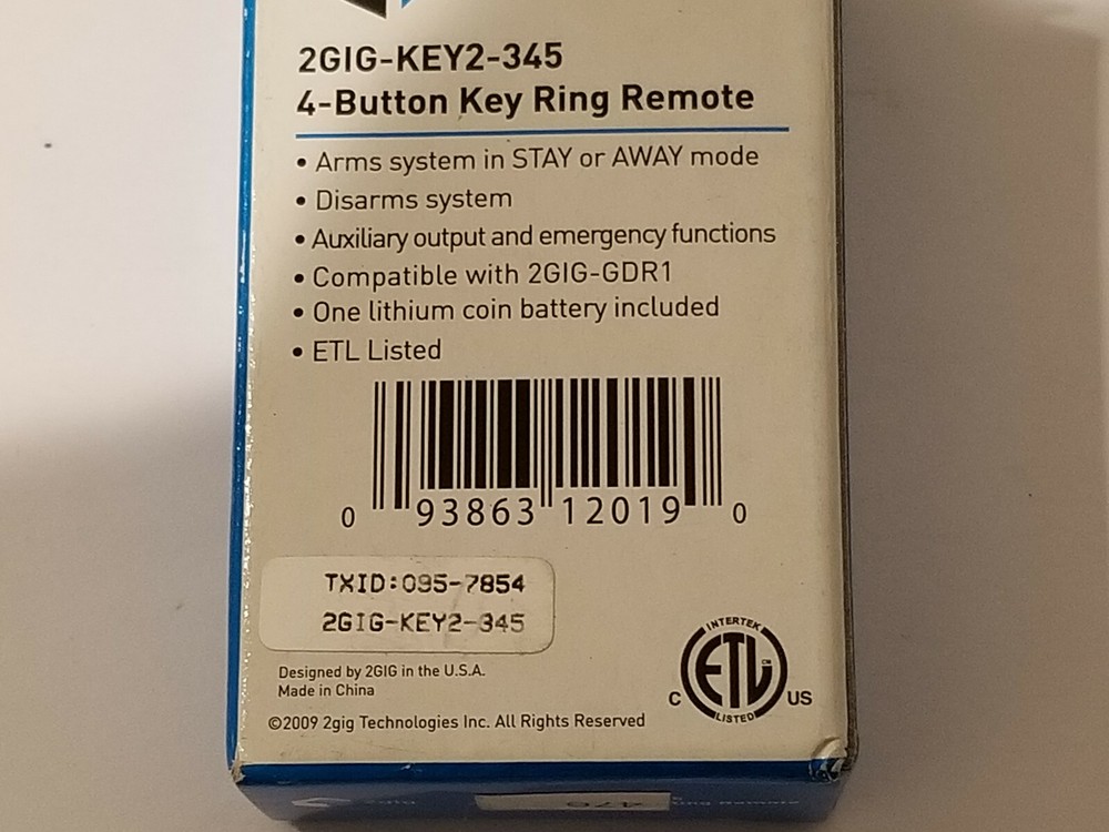 NEW 2GIG TECHNOLOGIES 4 BUTTON KEY RING REMOTE 2GIG-KEY2-345