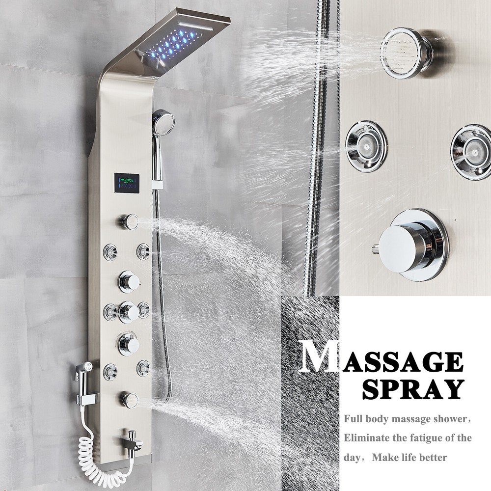 Stainless Steel LED Shower Panel Tower Rain&Waterfall Massage Body Jets System