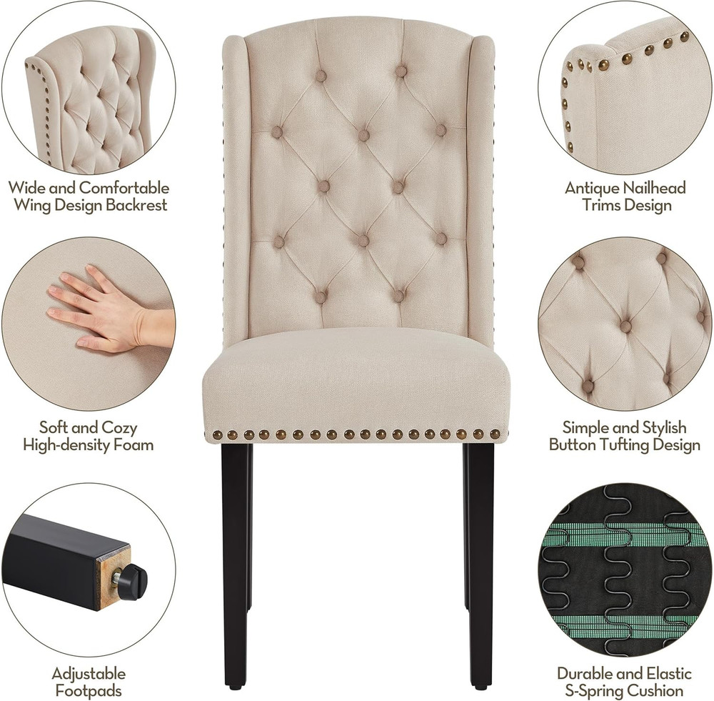 Upholstered Dining Chairs Set of 2 Button Tufted Kitchen Chairs with Solid Wood