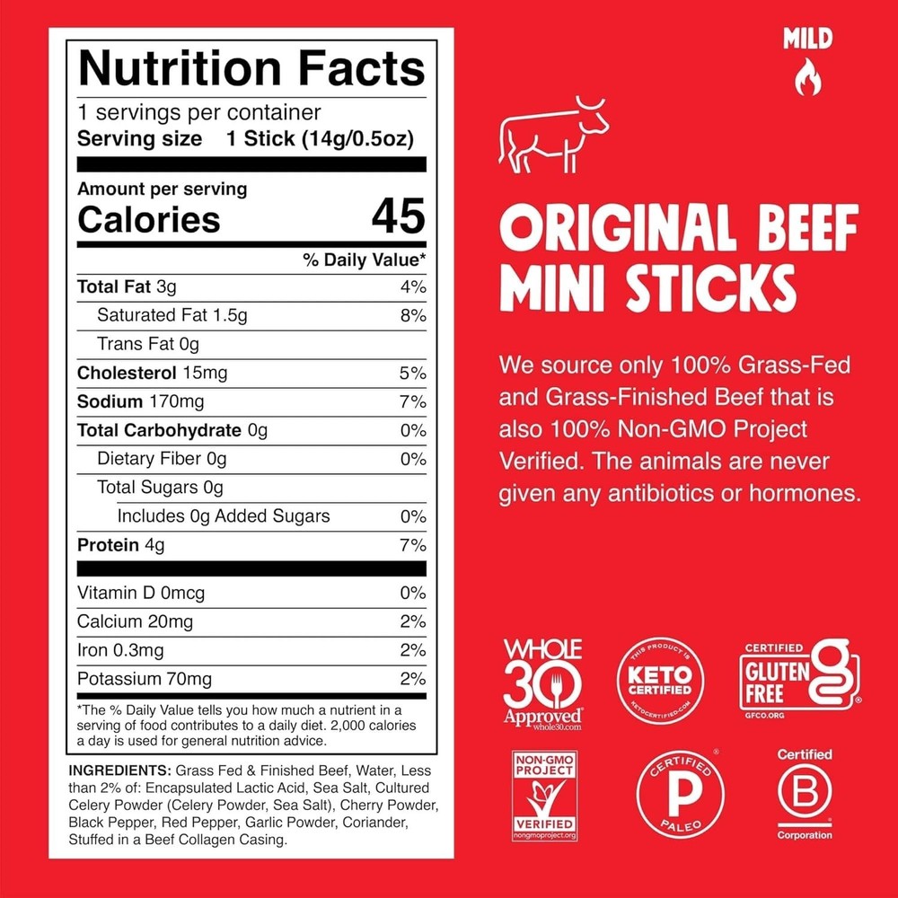 Guilt-Free Snacking: 24-Pack Grass-Fed Beef Jerky Sticks 0.5oz