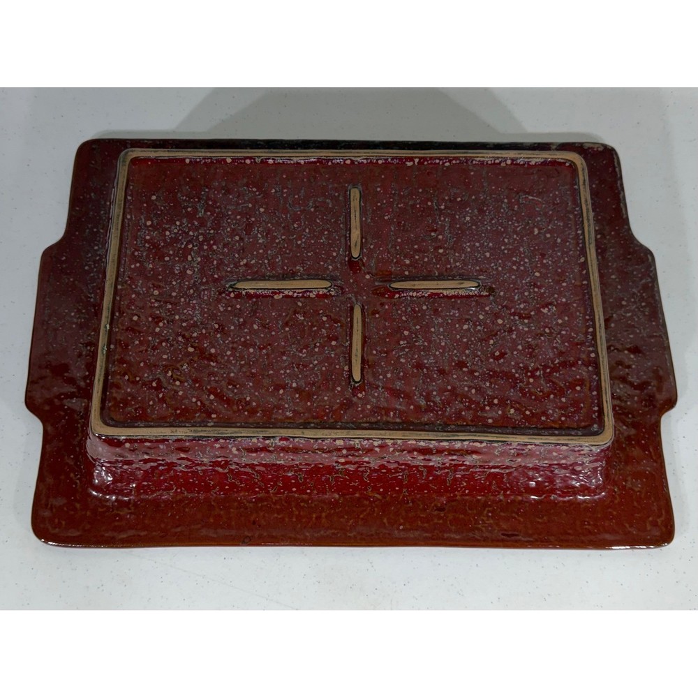 Rustic Red Ceramic Baking Casserole Dish with Wrought Iron Stand Leaf Accents