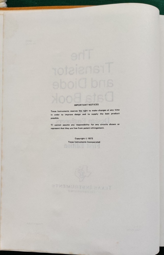 The TI Transistor & Diode Data Book for Design Eng (TI, c. 1973, HC. 1st Ed)