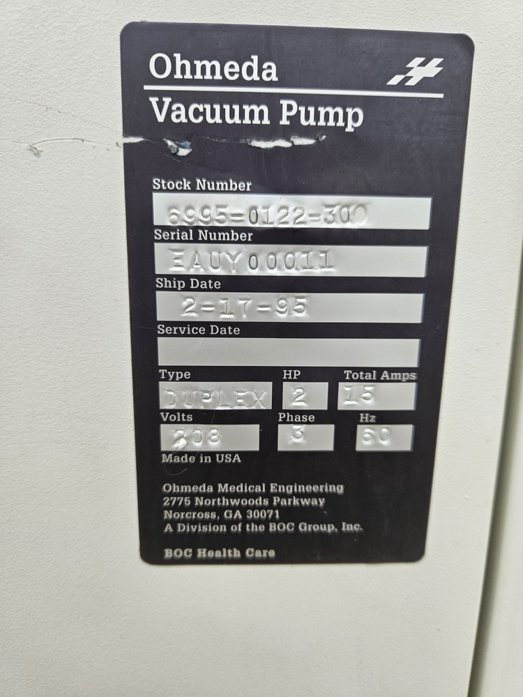 Ohmeda Medical Engineering MedPlus Vacuum Pump System 460V 3phase See Descriptio