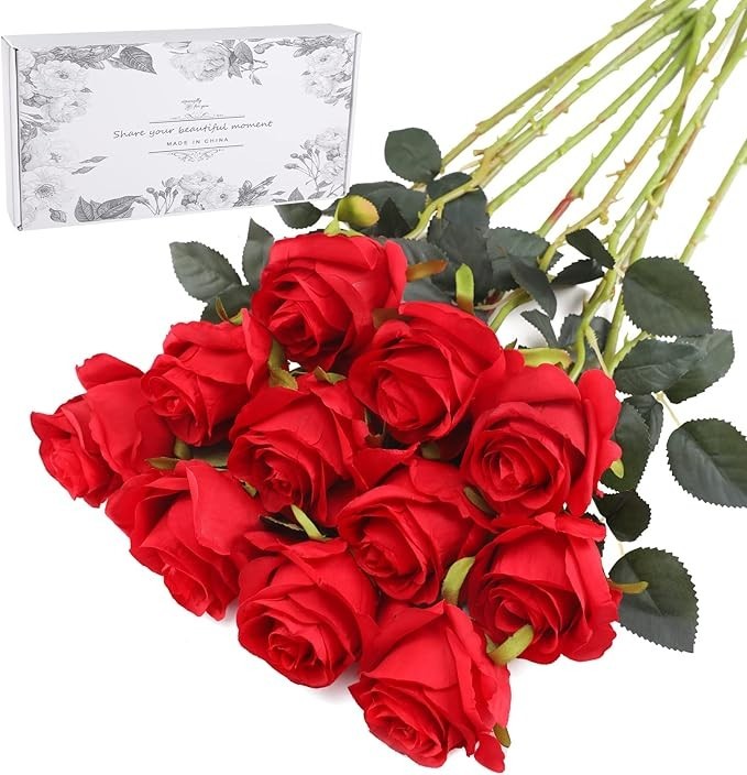 Red Fake Roses Artificial Flowers - 10 Pcs