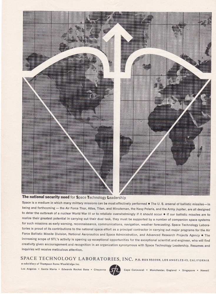 1961 Space Technology Laboratories Print Ad Space Technology Leadership Cold War