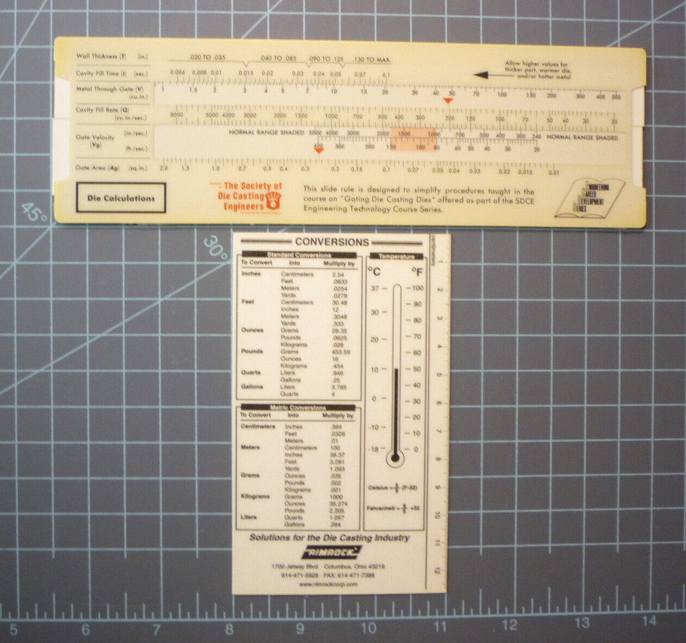 Die Casting Calculator Slide Chart SDCE + Rimrock Cycle Time & Conversion Card