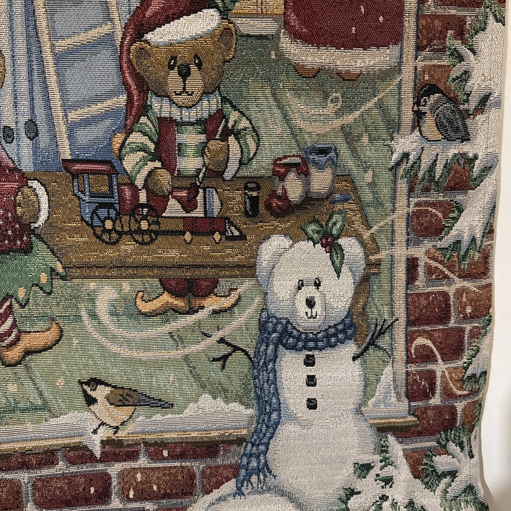 Vintage Christmas Bear Elf Workshop Tapestry Wall Hanging