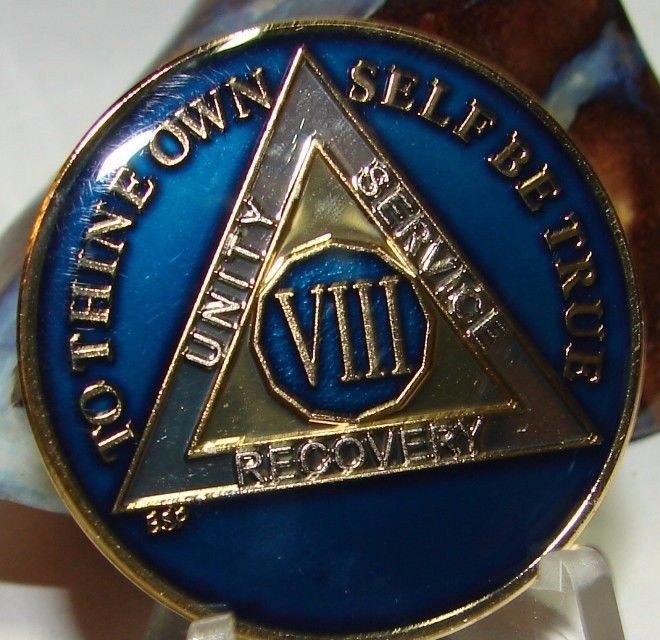 Blue Alcoholics Anonymous 8 Year AA Medallion Coin Token Chip Sobriety Sober