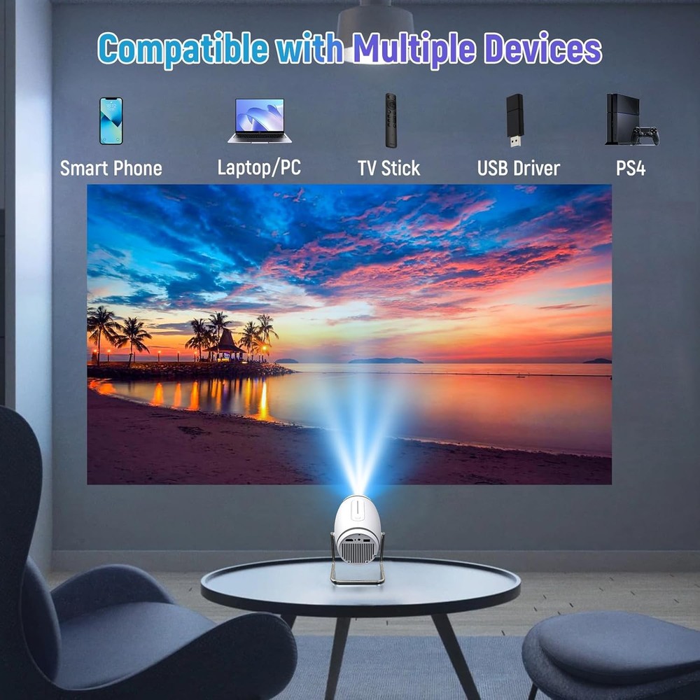Mini WiFi Bluetooth Projector-4K 1080P 180° Rotatable Auto Keystone 130" Screen