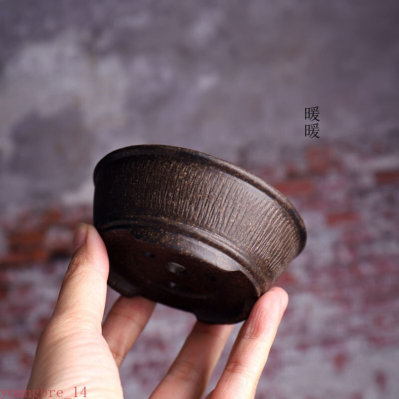 Chinese Ceramic Circle Bowl Bonsai Pot Hand Carved Vertical Stripes Pattern