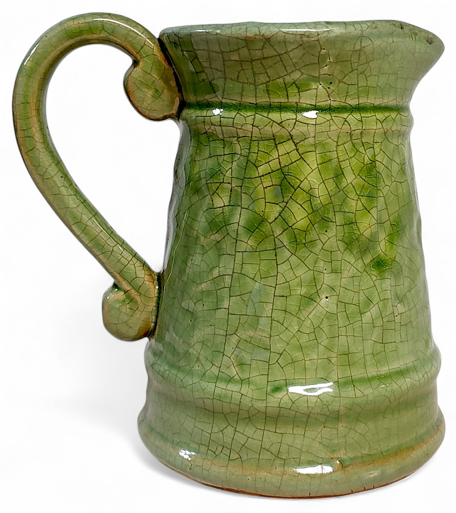 Vintage Crackle Ceramic Green Earthen Pitcher 6"