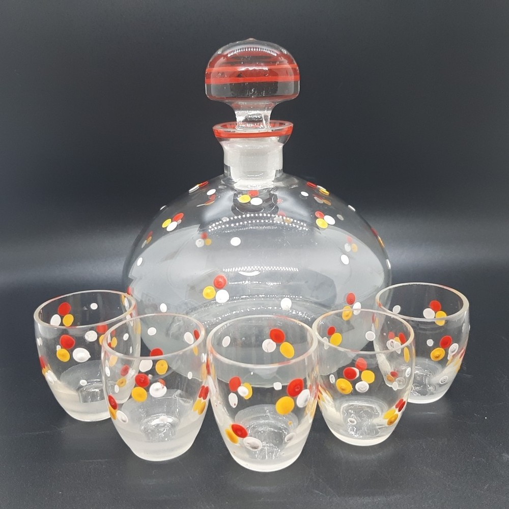 Vintage Handpainted Czech Dot Decanter and Five Small Glasses