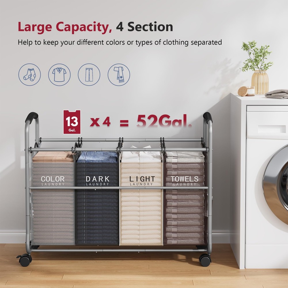 Laundry Sorter 4 Sections, Laundry Separator Hamper with Heavy Duty Lockable ...