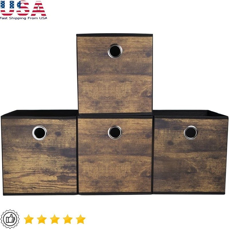 4 Pack Storage Cube Bins Open Shelf with Wood GrainThickened Fabric Box Basket