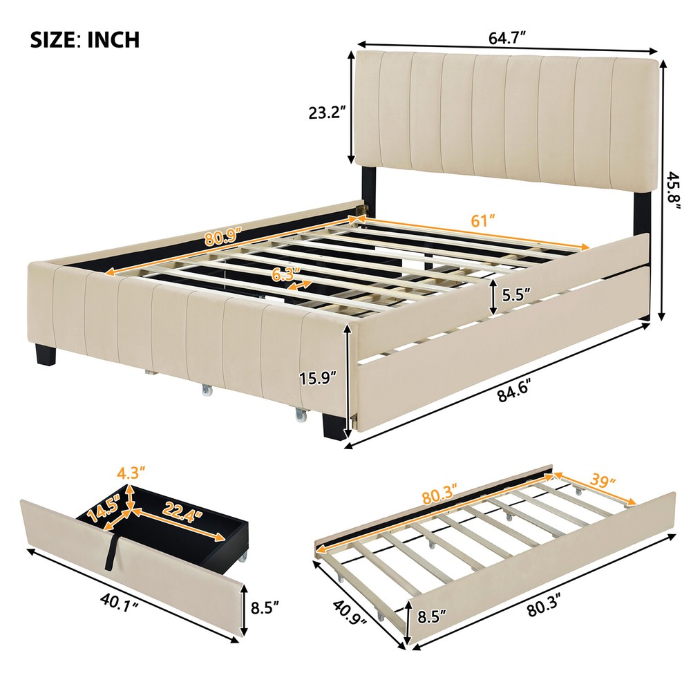 Queen Size Bed Frame Upholstered Platform Bed w/ Pull-Out Trundle & 2 Drawers