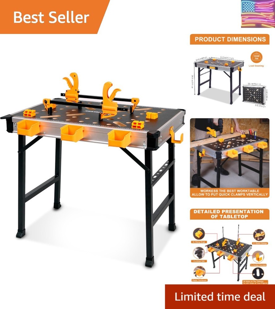 Compact Folding Work Table with 1000 lbs Capacity & 3 Tool Boxes for Garage Use