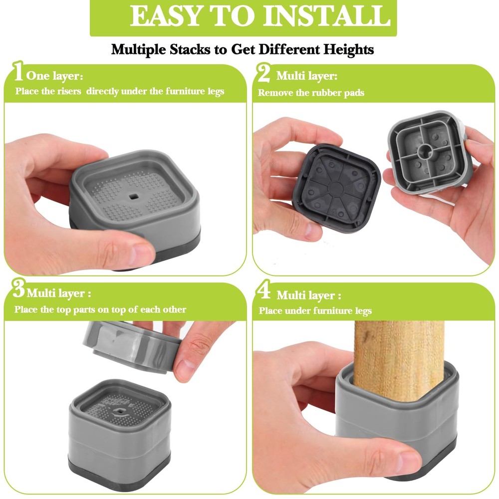 6-Pack 1" Furniture Risers Adjustable Stackable Bed Raisers Blocks Square