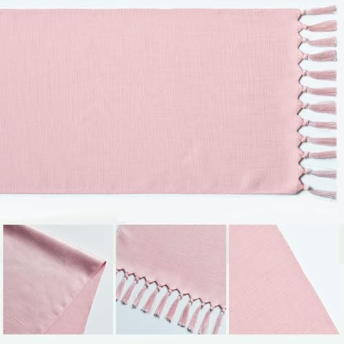 Tassel Table Runner, Linen Blend Rustic 13" x 72", Table Runner Blush Pink