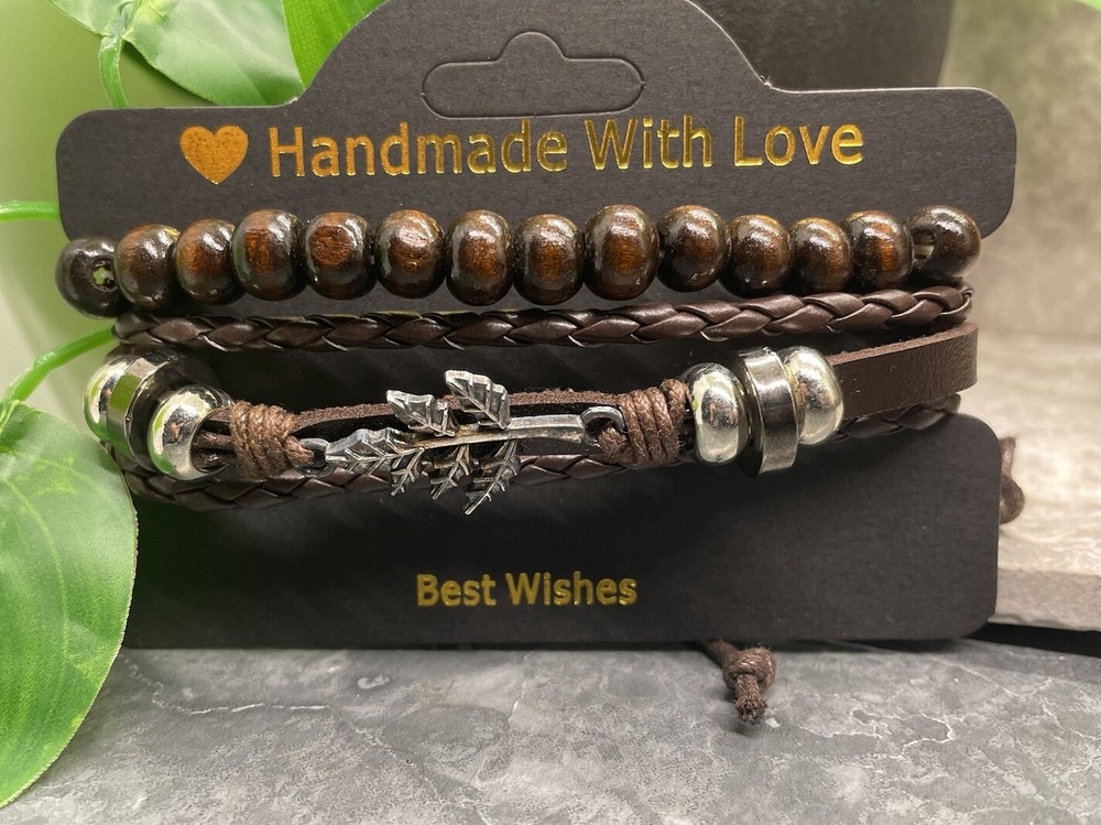 2 PC Wood Bead PU Leather Bracelet Stackable Adjustable Tie New B3408