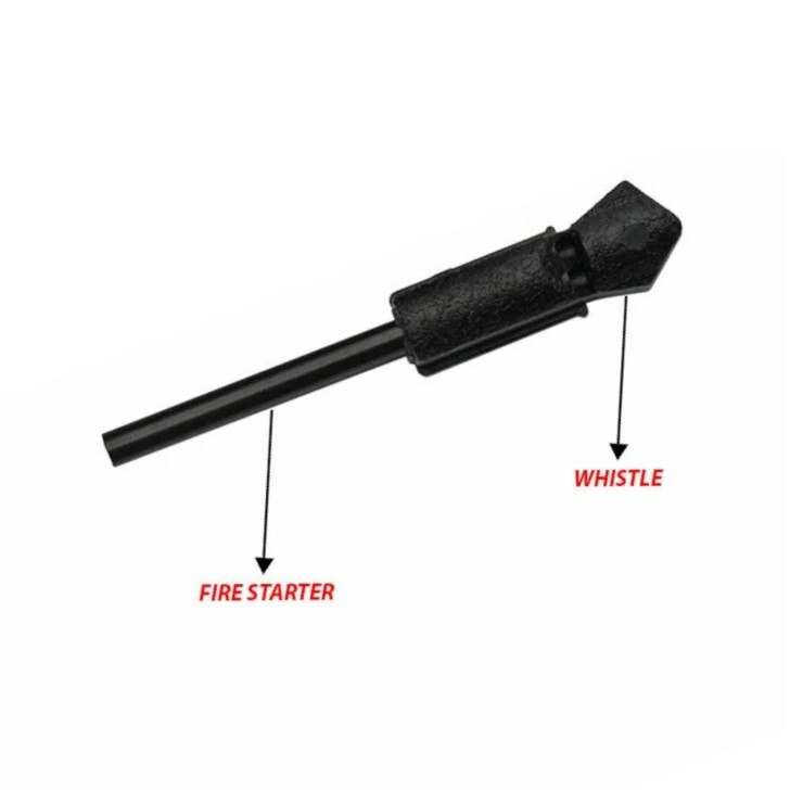 Spring-Assist Folding Knife | Survival Black 3.5" Blade + Firestarter & Whistle