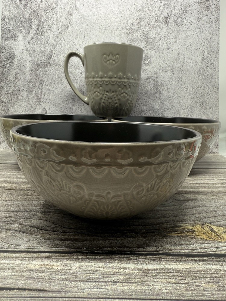 GIBSON ELITE Dinnerware Set 4-Pcs Bowls Cup Stoneware Microwave Safe Grey