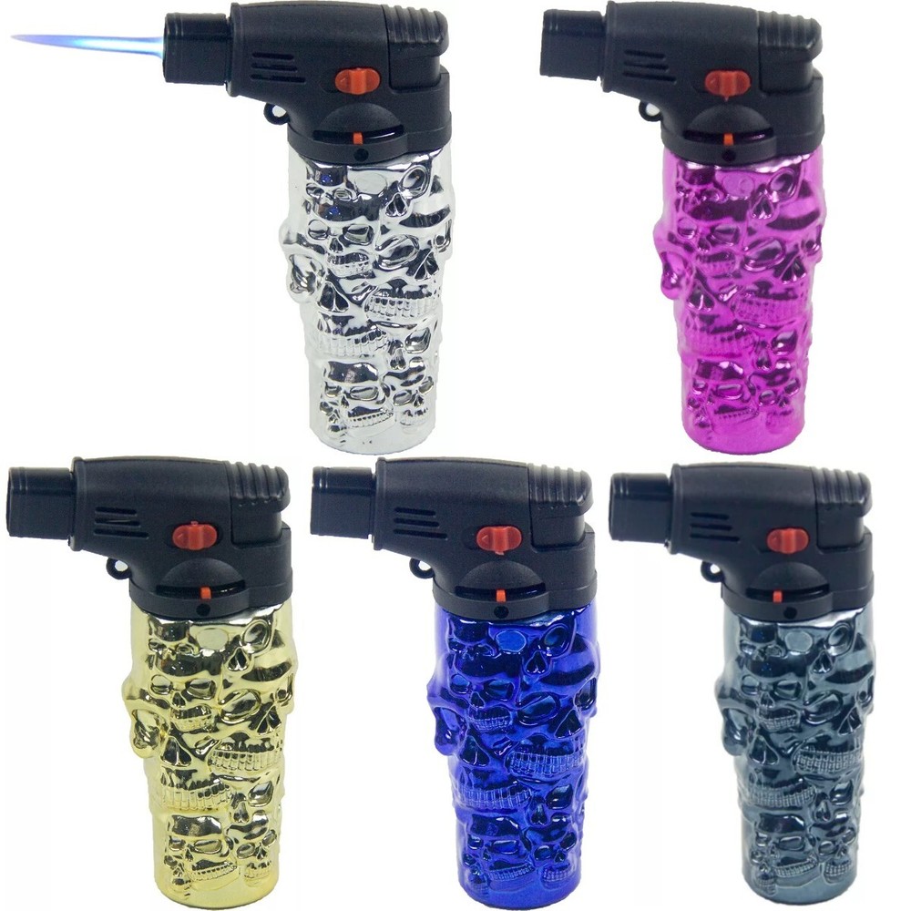 5 Pack 4.3" Jet Torch Gun Lighter Refillable Lockable Adjustable Engraved Skull
