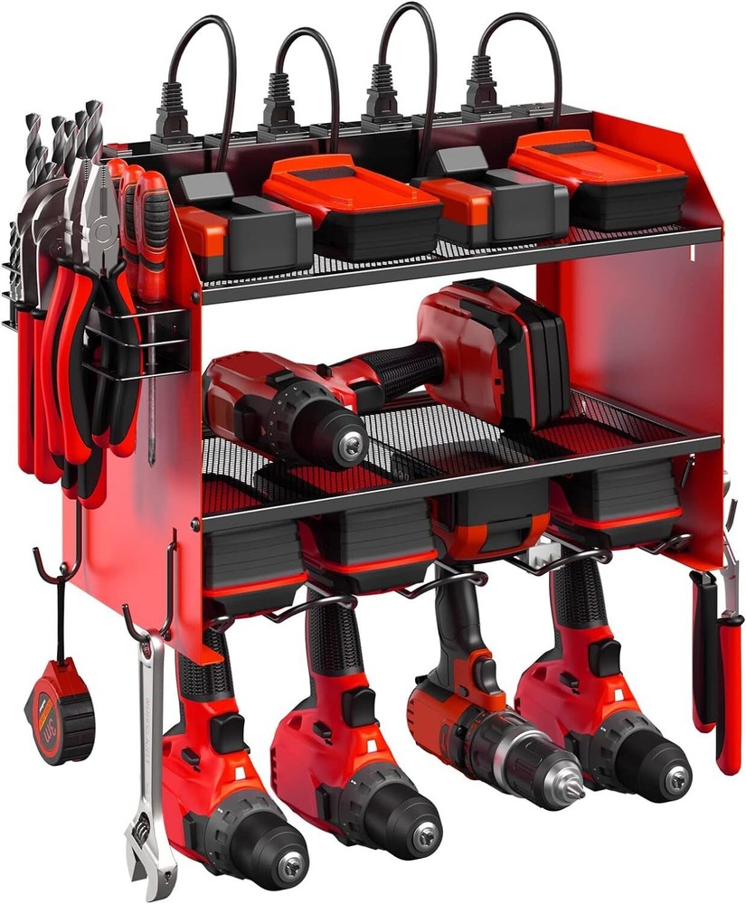Modular Power Tool Organizer Wall Mount Garage 4 Drill Storage Shelf with Hooks