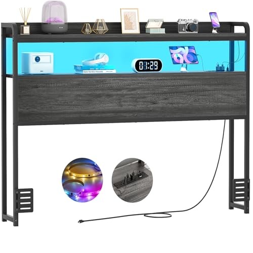 Headboard for Size Bed Frame, Headboards with Outlets, USB Full Black Oak