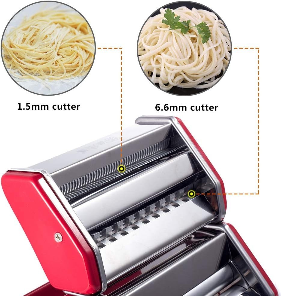 Red Stainless Steel Manual Pasta Maker Machine with Adjustable Rollers and Cu...